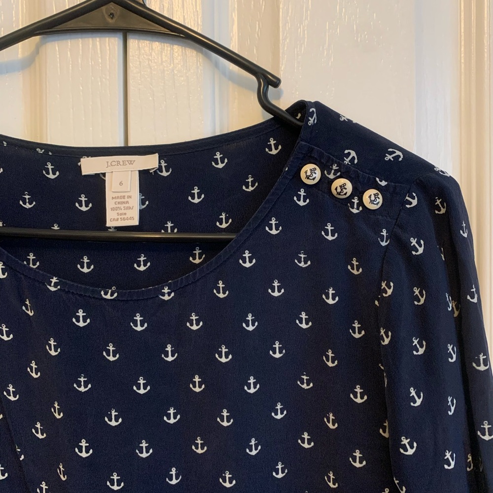 SUPER CUTE! JCrew nautical silk shoulder button navy blue and white flowy blouse